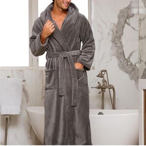 Gray Plush Bathrobe with Hood  and Tie Belt